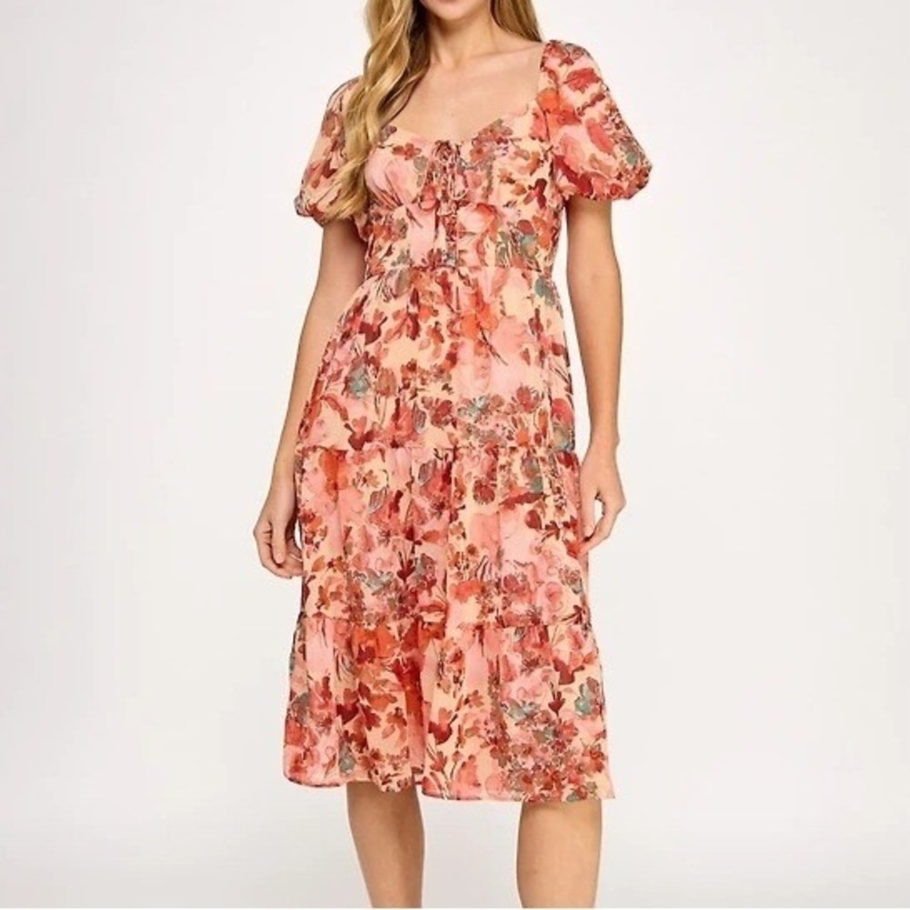 City Studios Printed Lace Up Tie Neck Front Midi Pink Dress Juniors Size L NWT
